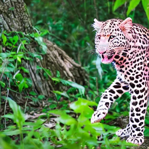 Image similar to a pink leopard dancing in the jungle