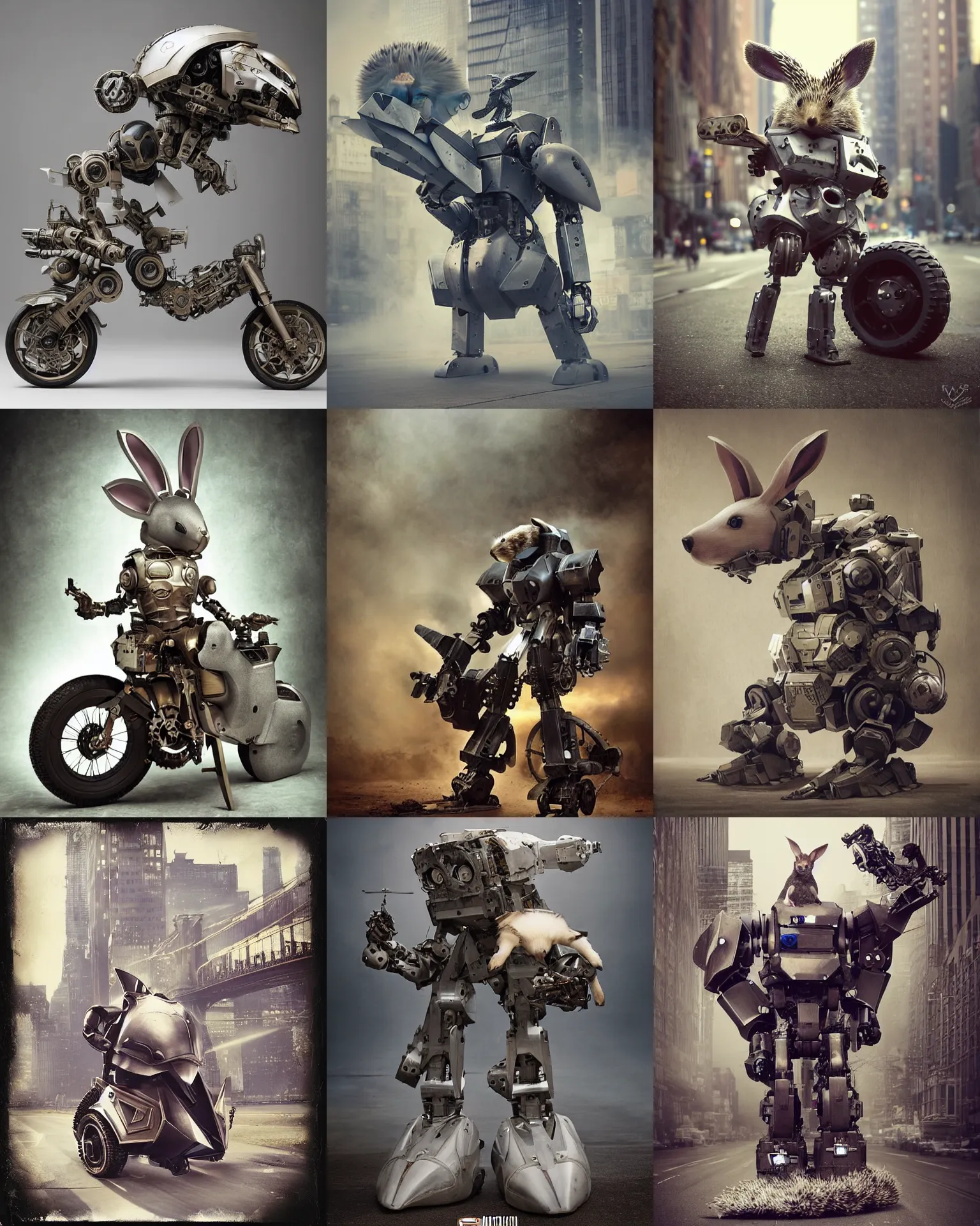 Prompt: hedgehog!!! on mecha robot war armor battle motorcycle with giant rabbit and long ears ,in new york city , full body , Cinematic focus, Polaroid photo, vintage , neutral dull colors, soft lights, foggy mist , by oleg oprisco , by thomas peschak, by discovery channel, by victor enrich , by gregory crewdson