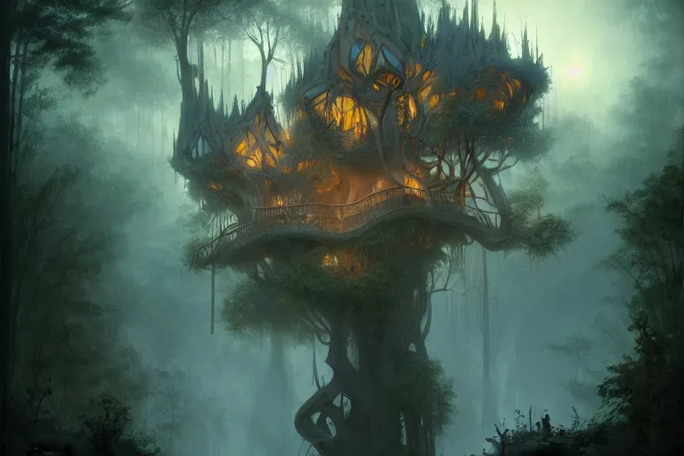 Image similar to treehouse with architecture from antonio gaudi in a deep mystical forest , lampoons, lake, waterfall, tall people walking and discussing, faint dynamic lighting, art by peter mohrbacher on artstation, night mood