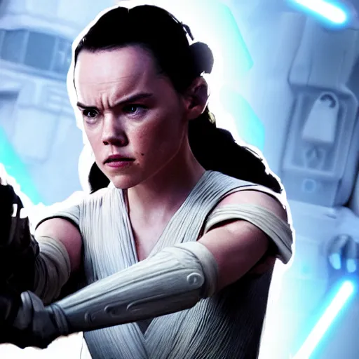 Prompt: evil corrupted daisy ridley as rey, using the force to kill stormtroopers, sith lord, dark side, cinematic movie image, both hands raised to use the force, hd star wars photo