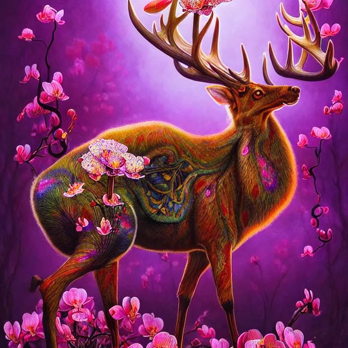 Prompt: extremely psychedelic animal made of orchid and cherry blossom tree and mushroom, LSD elk, diffuse lighting, fantasy, intricate, elegant, highly detailed, lifelike, photorealistic, digital painting, artstation, illustration, concept art, smooth, sharp focus, art by John Collier and Albert Aublet and Krenz Cushart and Artem Demura and Alphonse Mucha