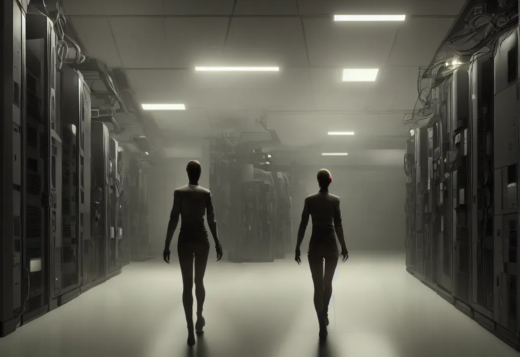 Image similar to film by denis villeneuve android walking in server room in datacenter, shot by cyberpunk syle, character design, proportional body, whole body, whole figure, very realistic cinematic concept art, complementary color, realistic detailed, sharp lines, trending on artstation, volumetric lighting, octane render