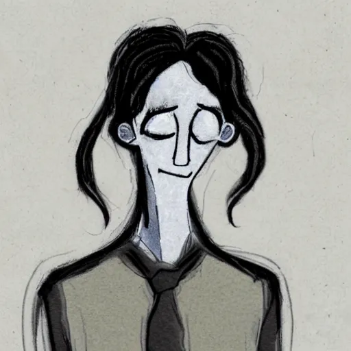 Image similar to young man portrait, black hair, skinny, sleep deprived, corpse bride art style