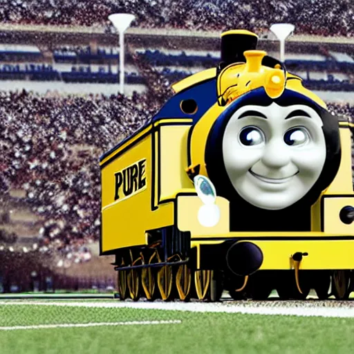 Image similar to purdue pete as thomas the tank engine on a football field