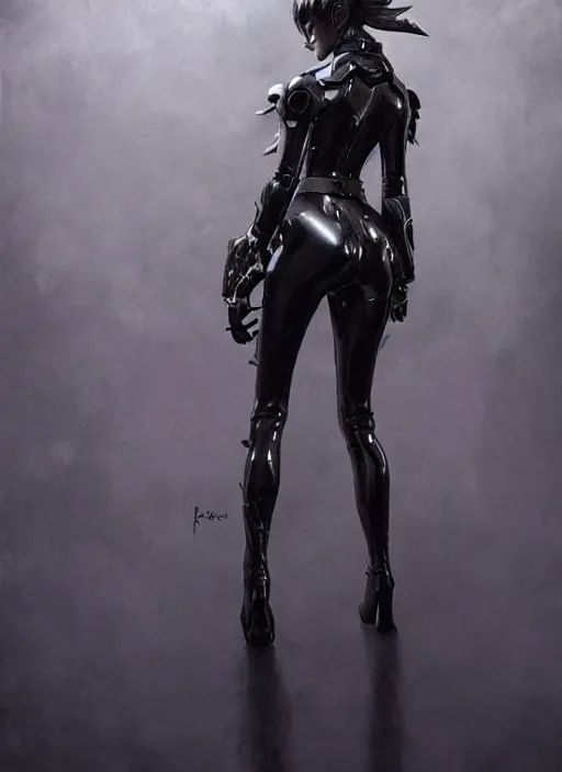 Image similar to full body artwork of tracer overwatch, wearing black latex outfit, in style of zdzisław beksinski, angel wings, dramatic painting, wearing detailed steel collar, black shiny armor, chains, black harness, detailed face and eyes,