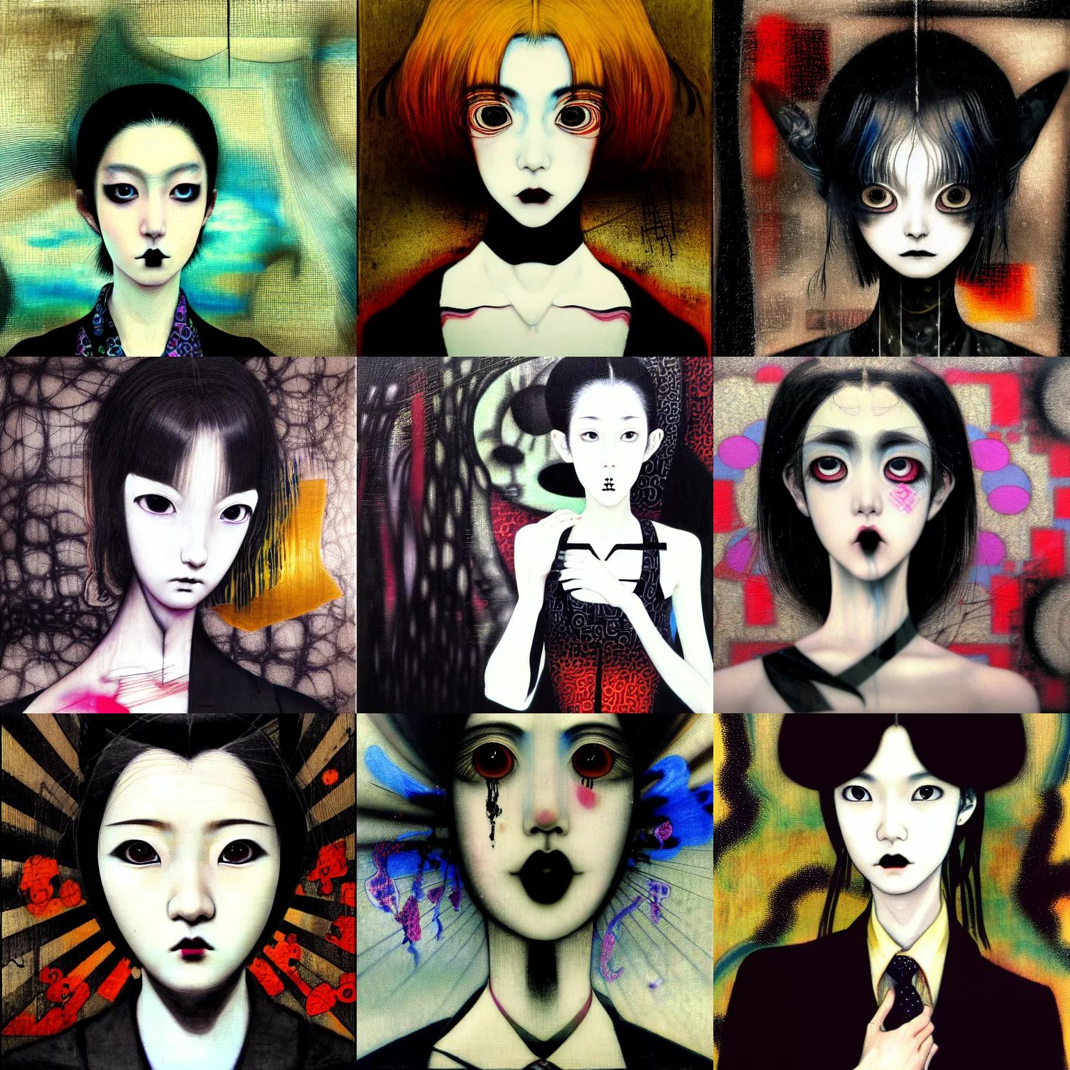 Image similar to yoshitaka amano blurred and dreamy realistic three quarter angle portrait of a young woman with black lipstick and black eyes wearing dress suit with tie, junji ito abstract patterns in the background, satoshi kon anime, noisy film grain effect, highly detailed, renaissance oil painting, weird portrait angle, blurred lost edges