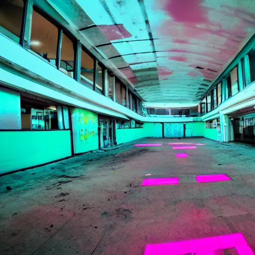 Prompt: high contrast photo of abandoned mall with bright pink and turquoise neon lights, wide angle lens