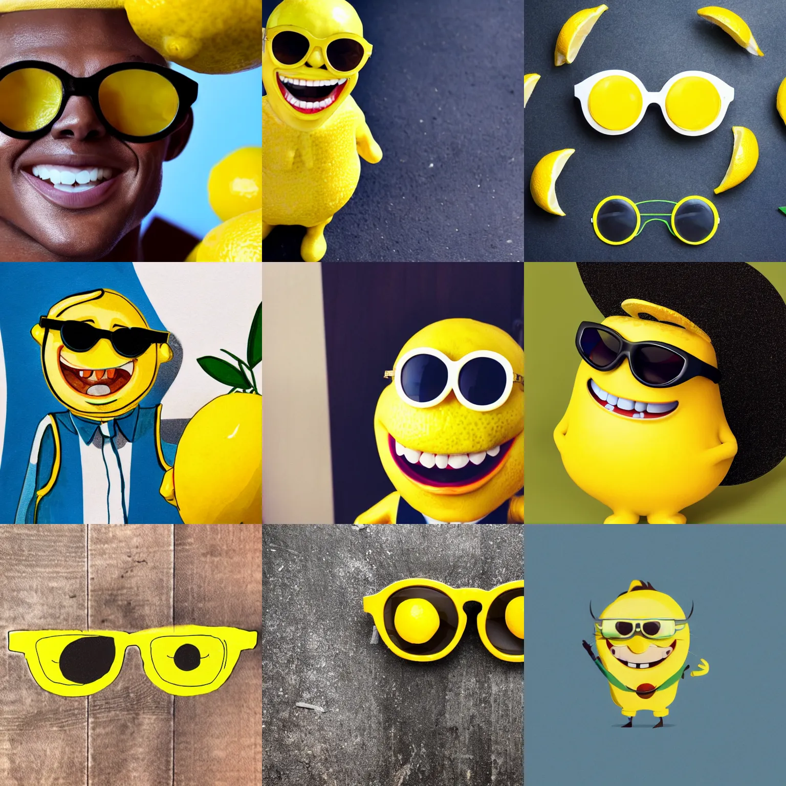 Prompt: A lemon character wearing sunglasses and smiling with perfect bright white teeth