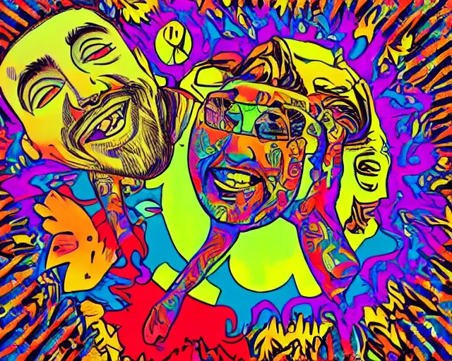 Image similar to mac miller, lsd trip, art style by john keebs lee, pittsburgh, blue slide park, good vibes, peace, love, 4 2 0, don't trip, swimming in circles, highly detailed