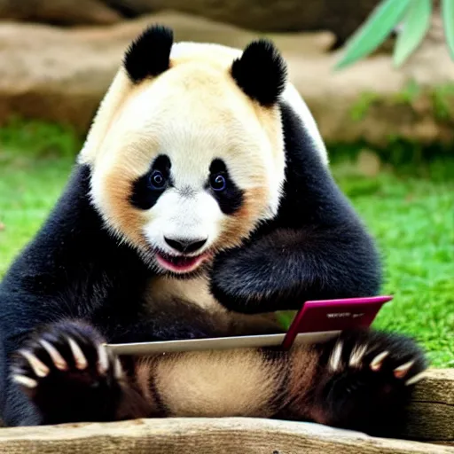 Image similar to a cute but tired baby panda working on a laptop in the zoo and yawning