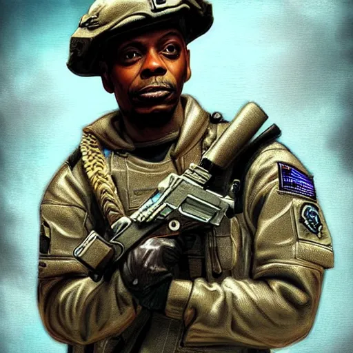 Image similar to Dave Chappelle as a navy SEAL, high resolution fantasy concept art, intricate details, soft lighting