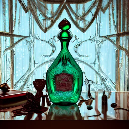 Image similar to A curvy and extravagant potion bottle on an ornate cluttered desk. The potion bottle is filled with sparkling, bright, and glowing swirling liquid. The potion has smoke coming out of it. Magic is everywhere. A window showing a forest is also visible. Octane & Unreal Engine 4 & f1.4 Photography.