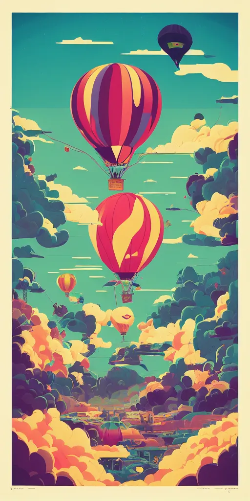 Prompt: cursed multicolored one large hot air balloon centered in middle, tom whalen, james gilleard, liam brazier, tristan eaton