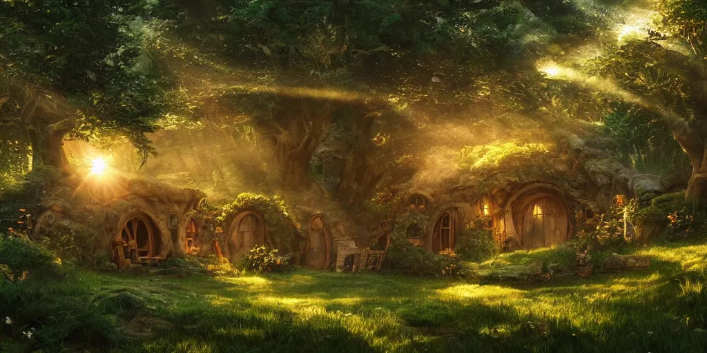 Image similar to ambience, atmosphere, sunbeams, lush and beautiful concept art for the shire and hobbit houses, lord of the rings, peter jackson, studio ghibli, detailed, realistic lighting, volumetric lighting, golden hour,