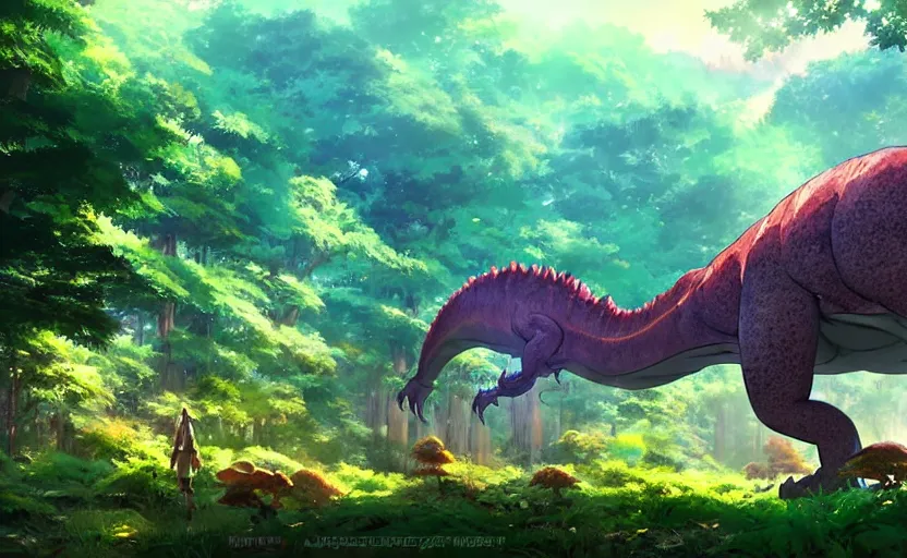 Image similar to a large creature hybrid dinosaur kaiju, covered in mushrooms, walking through the trees, over the tree tops, colorful skin, roofed forest, by makoto shinkai an krenz cushart