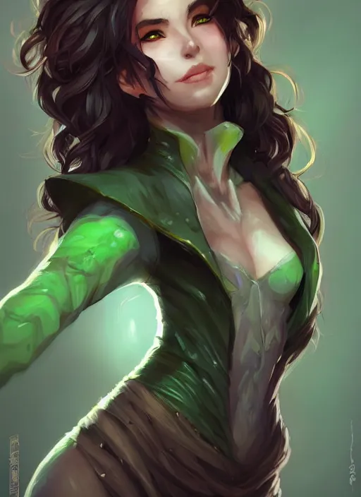 Prompt: portrait of beautiful geomancer, face details, skintight dark brown unzipped coat, derriere, rock powers, black hair, green eyes, brown skin, high fantasy, extremely detailed, smooth, sharp focus, illustration, by rossdraws, frank franzzeta, artgerm, collectable card art