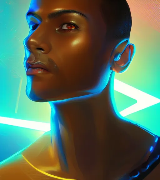 Image similar to symmetry!! egyptian prince of technology, solid cube of light, hard edges, product render retro - futuristic poster scifi, lasers and neon circuits, brown skin man egyptian prince, intricate, elegant, highly detailed, digital painting, artstation, concept art, smooth, sharp focus, illustration, dreamlike, art by artgerm