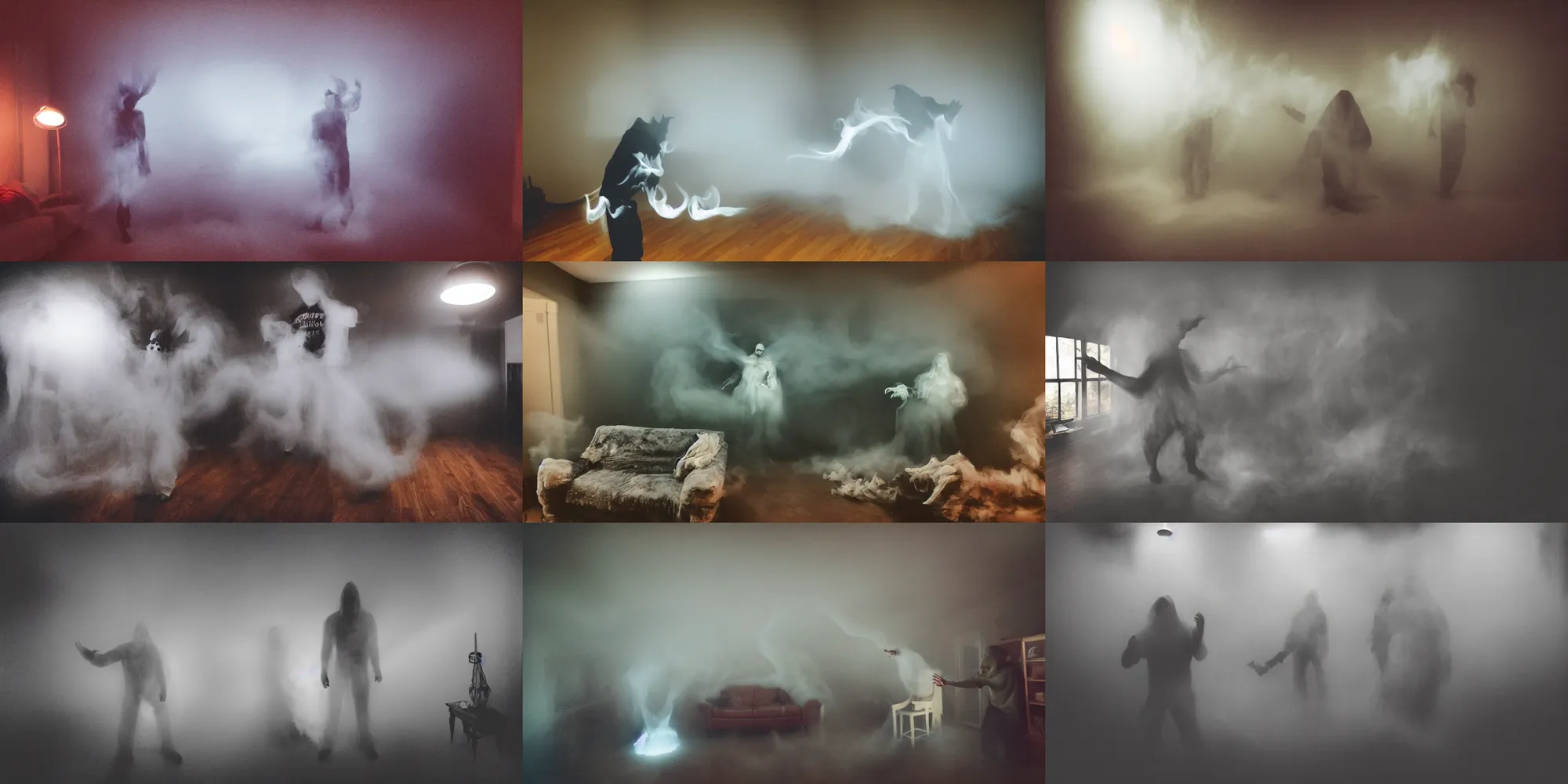 Prompt: kodak portra 4 0 0, horror demon evil transparent smoke fog spirit attacks in living room interior photo shot on iphone, dynamic pose, close body shot, sharp focus, grainy, corpse, paranormal, long exposure, flashlight, night, total darkness, poltergeist, aberrations,