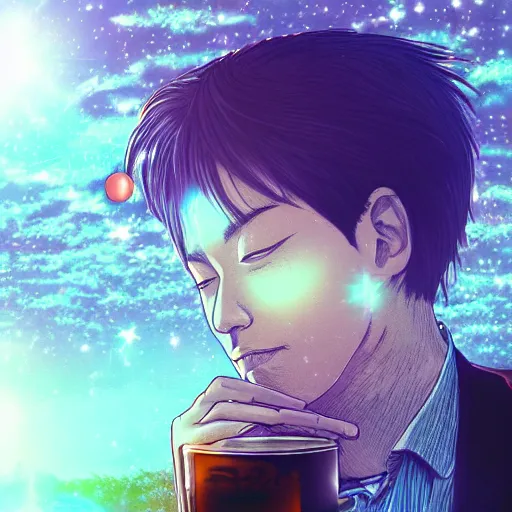 Image similar to A man drinking a cup of cosmic energy bright light by Masafumi Harada, 4k, digital art, surreal, anime style, Park Sung-woo Red Ice style