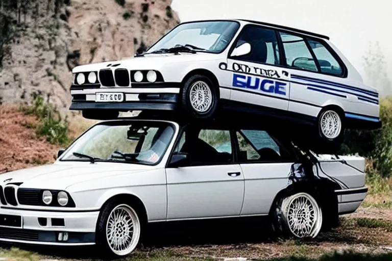 Image similar to Angry Jason Statham lifts BMW e30 that sits above him