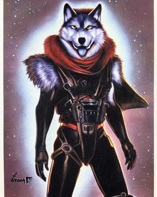 Prompt: 1 9 8 0 s titled movie poster featuring a portrait of the villain male wolf o'donnell anthropomorphic wolf from starfox wearing a dark leather space mercenary uniform, dark grey wolf, handsome eyes, wolf o'donnell