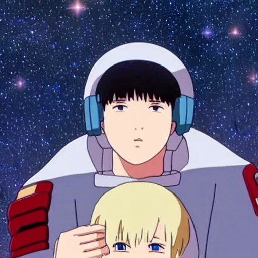 Image similar to Spirited away, guy with dark blonde hair and blue eyes in space, beautiful