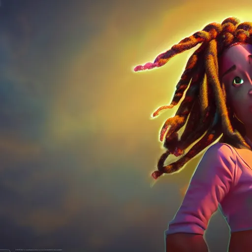 Image similar to Girl with dreadlocks, Disney's Encanto style, trending on artstation, ludicrous lighting, volumetric lighting, concept art, 4k, 8k, trending on artstation.