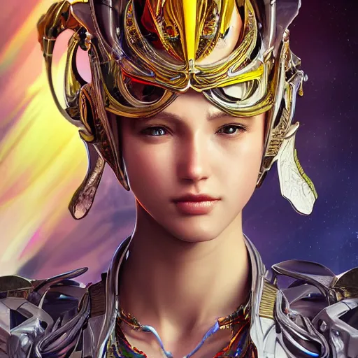 Image similar to studio portrait of lawful good colorful female holy mecha paladin absurdly beautiful, elegant, young sensual graceful woman, ultrafine hyperrealistic detailed face illustration by kim jung gi, irakli nadar, intricate linework, sharp focus, bright colors, matte, octopath traveler, final fantasy, unreal engine highly rendered, global illumination, radiant light, intricate environment