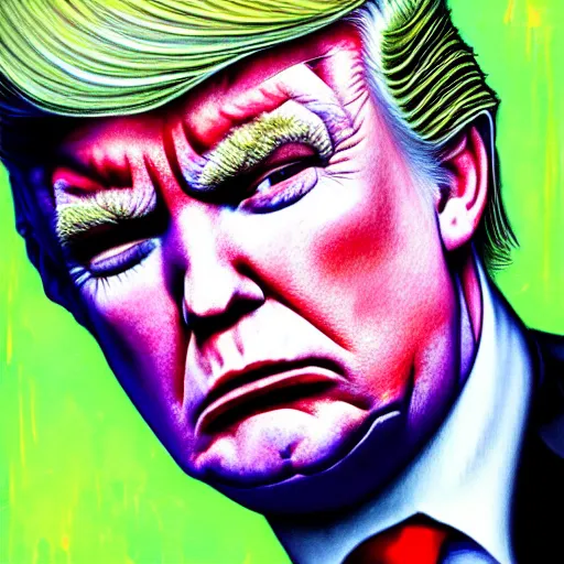 Prompt: a demon slayer portrait of donald trump, tall, pale - skinned, and slender with lime green eyes and long eyelashes by stanley artgerm, tom bagshaw, arthur adams, carne griffiths, trending on deviant art, street art, face enhance, chillwave, maximalist, full of color, glittering