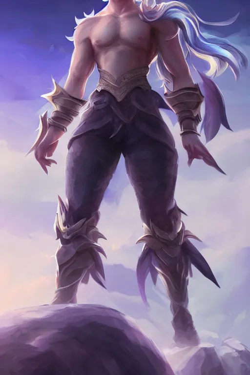 Image similar to fullbody portrait of a male fit hero with strange hairs, soft smile, final fantasy, league of legends champion, strong iridescent light, by chengwei pan and sakimichan, gradient white to gold, in front of a magical building background, highly detailed portrait, digital painting, smooth, focus illustration