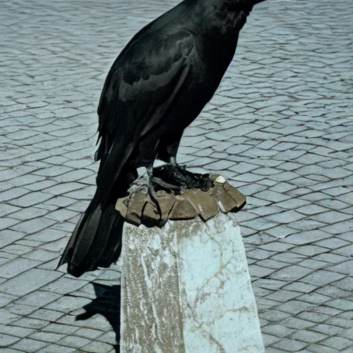 Prompt: a giant crow with a round body short legs and large black beak sitting in a black stone obelisk, high resolution film still, film by Jon Favreau