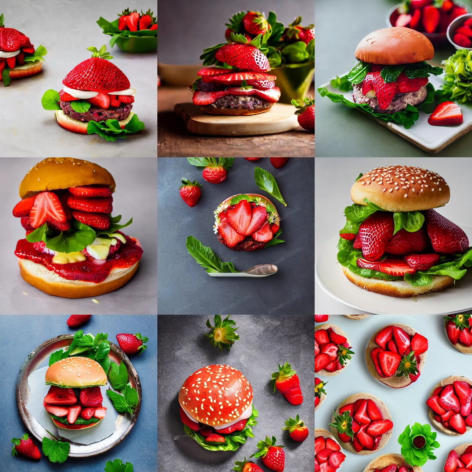Prompt: strawberry burger with flowers, photorealistic, foodporn, studio photo