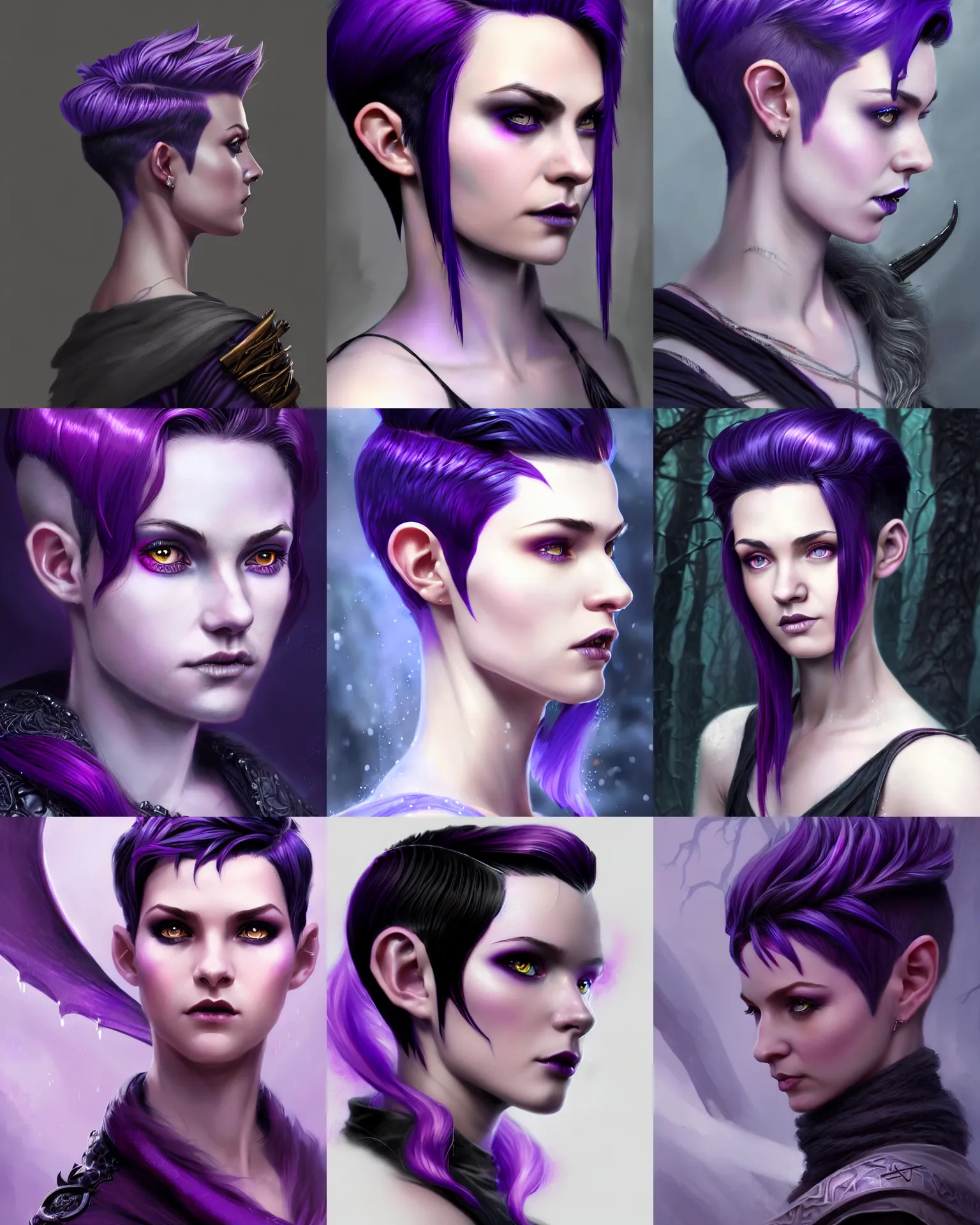 Prompt: Close-Up photograph of an attractive young adult female witch sorcerer, D&D fantasy magic, pixie undercut hairstyle, black to purple hair-fade color, ice magic, intricate, highly detailed, digital painting, artstation, concept art, sharp focus, illustration, art by greg rutkowski and ross draws
