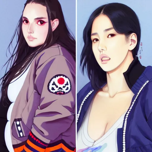 Image similar to a beautiful plus sized model japanese natalie portman, alluring, wearing oversized mayan bomber jacket and leotard with overalls, bulky poofy bomber jacket with mayan patterns, aztec street fashion, gapmoe yandere grimdark, trending on pixiv fanbox, painted by greg rutkowski makoto shinkai takashi takeuchi studio ghibli, akihiko yoshida