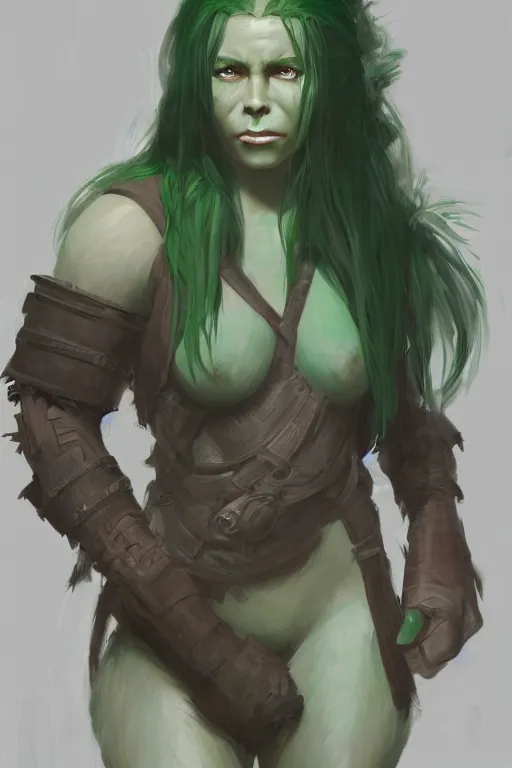 Prompt: rpg character art of an ape woman, green hair, highly detailed, half - body composition, by jeremy lipking, by studio ghibli, by disney, video game fanart, gorgeous face