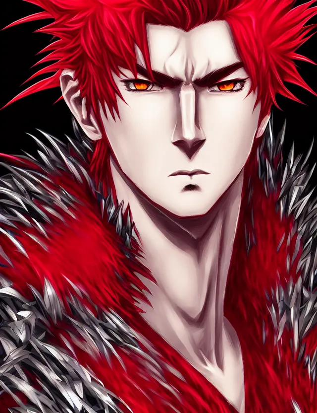 Image similar to a detailed manga portrait of a handsome tall man with spiked crimson hair in fiery crimson crystalline armour, trending on artstation, digital art, 4 k resolution, detailed, high quality, sharp focus, hq artwork, coherent, insane detail, character portrait