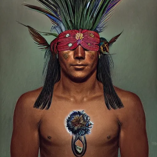 Image similar to a male tupi guarani warrior portrait with bird of paradise flower covering his eye, art by marco mazzoni, dark background, asymmetrical