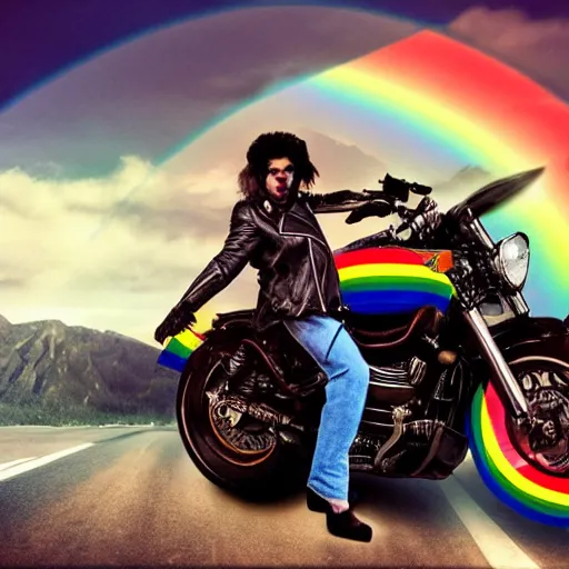 Image similar to wide angle full body, jacket wearing fluffy cute rainbow kitten wearing a black leather motorcycle jacket, riding on a motorcycle, cinematic concept art