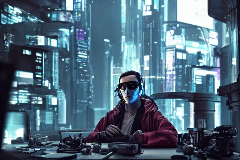 Image similar to cyberpunk hacker portrait in high tech compound by Emmanuel Lubezki