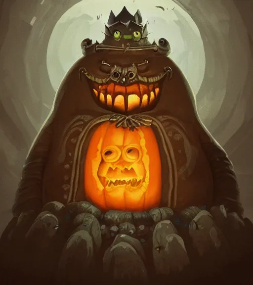 Prompt: a tim burton design of a unnerving king creature made of pumpkin, wearing a robe, giant and fat, laughing, sitting on a stone throne, detailed game art illustration, menacing carved facial expression, creepy lighting, dynamic pose, 4 k artstation, masterpiece