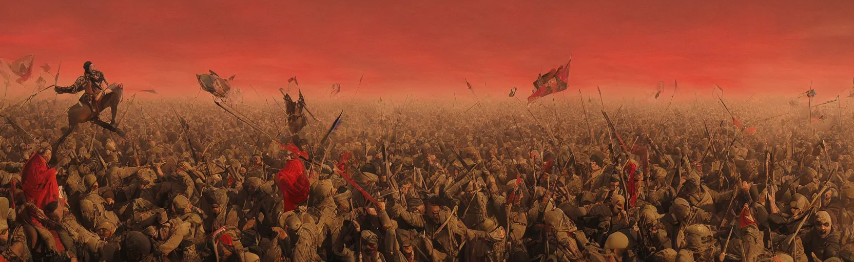 Image similar to imam al hussein in karbala fighting an army alone, red sky, dust, winds, by hasan rouh al - amin