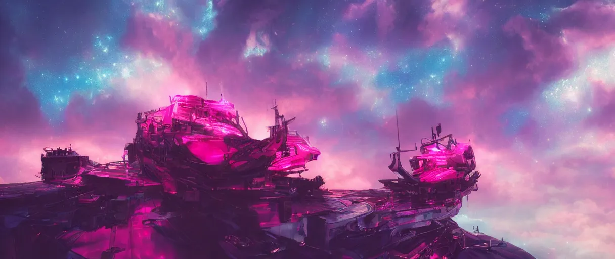 Image similar to heaven pink, portrait punk, pink mohawk, space, hyperdetailed illustration, stars, neon, oil painting, rich deep colors masterpiece, ultra detailed, contrast, clouds, volumetric light, atmospheric lighting, pirate neon ship, dramatic, cinematic, moody, octane render 4 k, 8 k