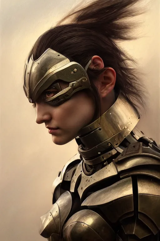 Image similar to a photorealistic painting of an attractive young girl, partially clothed in metal-plated battle armor, olive skin, long dark hair, beautiful bone structure, symmetrical face, perfect eyes, intricate, elegant, digital painting, concept art, illustration, sharp focus, minimal artifacts, from Metal Gear, in the style of Ruan Jia and Mandy Jurgens, by Greg Rutkowski, trending on Artstation, award winning