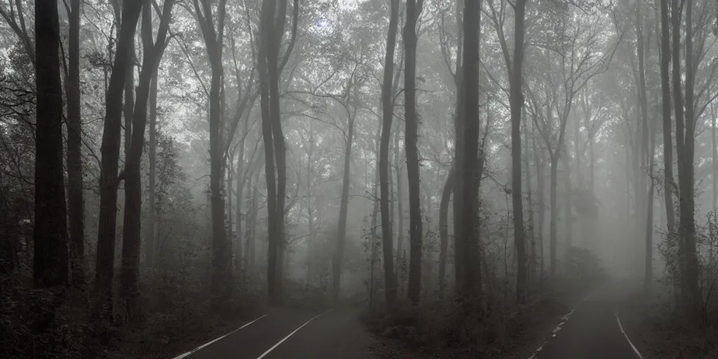 Image similar to road between tall trees, dense forest, dark night, fog, cold light