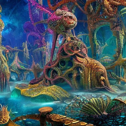 Prompt: beautifull ultra realistic render of underwater psychedelic atlantis city with a lot of monster and dimensions, deep color scheme, intricate, epic, transcendental art, treanding on artstation, by ernst haeckel, 8 k, unreal engine render, photorealistic, hyperdetailed, ornate, golden ratio, fractal