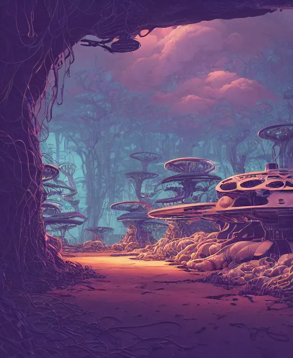 Prompt: a bunker made out of exotic fungus, overgrown with weird fungus and tendrils, spaceship, sci - fi, robots, noon, somber, partly cloudy, by dan mumford, yusuke murata, makoto shinkai, ross tran, cinematic, unreal engine, cel shaded, featured on artstation, pixiv