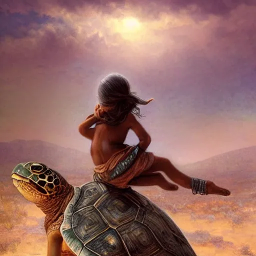 Image similar to a little warrior girl sitting on top of a giant turtle that is walking in the desert, seen from a distance. the girl is fully visible and has dark skin, realistic full body and a very beautiful detailed face with long black hair. diffuse light, dramatic sky and landscape, fantasy illustration by mucha