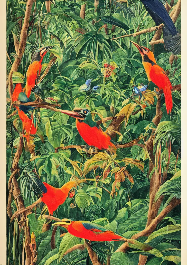 Image similar to 1930s travel poster painting, costa rica rainforest, illustrating plant and animal diversity, with colourful birds, motmot, trogon, toucan, sloth, ctenosaur, bromeliads, syngonium, philodendron