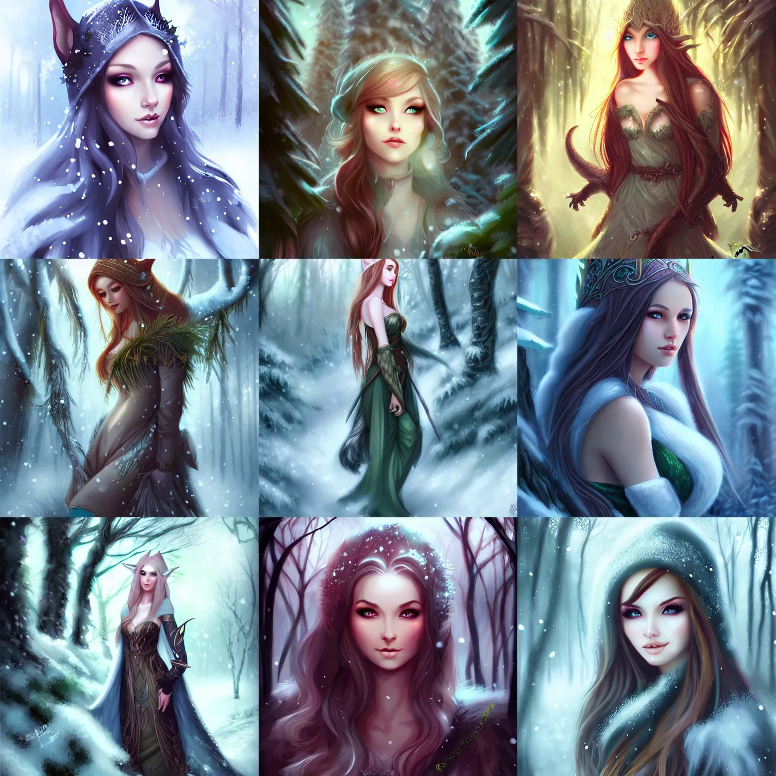 Prompt: beautiful elven girl in winter forest by ross tran