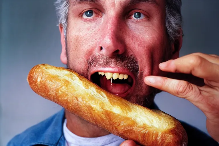 Prompt: closeup portait of a man being eaten by a giant baguette, natural light, sharp, detailed face, magazine, press, photo, Steve McCurry, David Lazar, Canon, Nikon, focus